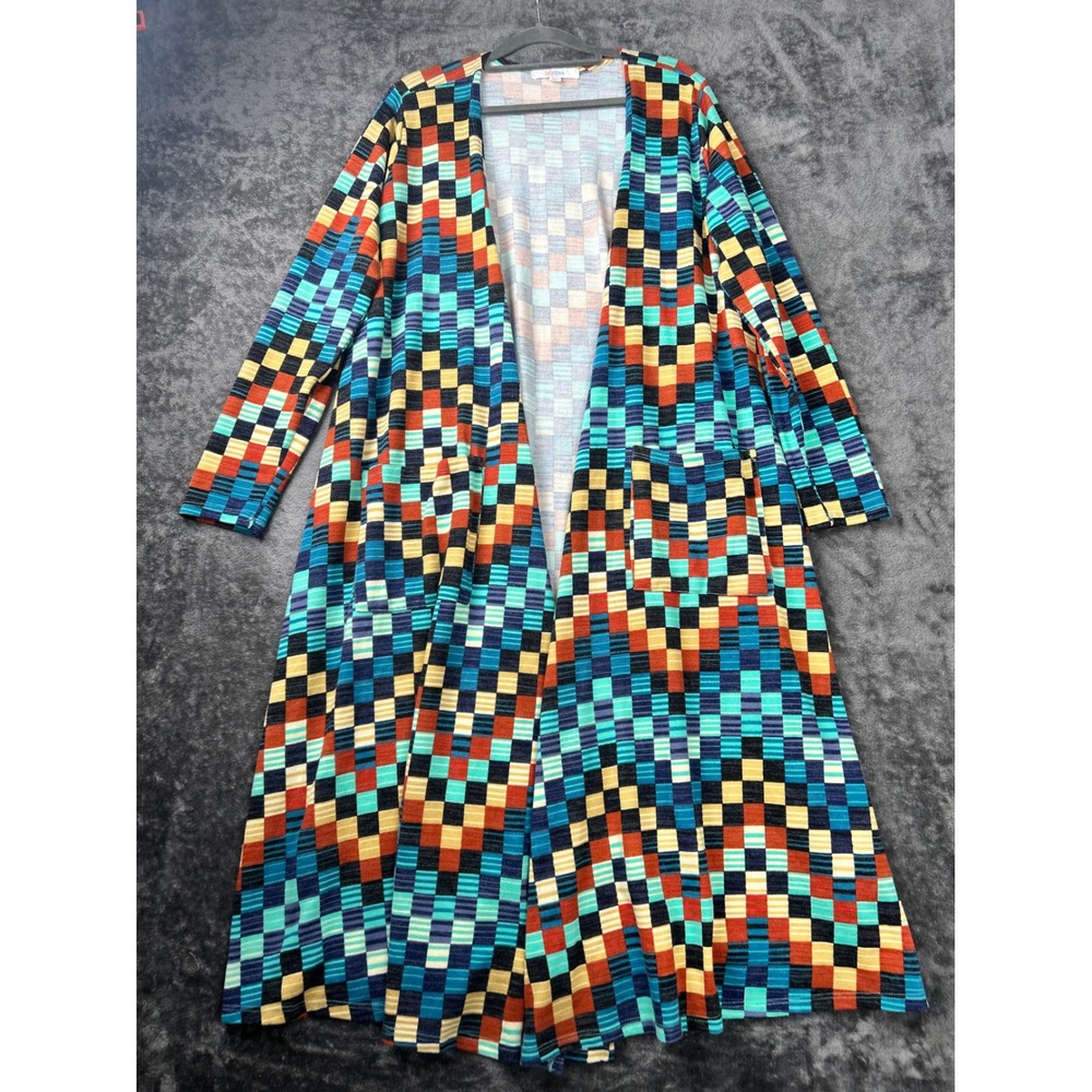 LuLaRoe Sarah Duster Cardigan Large Multi Color Checkered Geometric Open Front